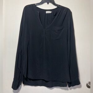 R|Label 100% Silk V-Neck Long Sleeve Blouse Button Cuffs Back Pleats Size Large